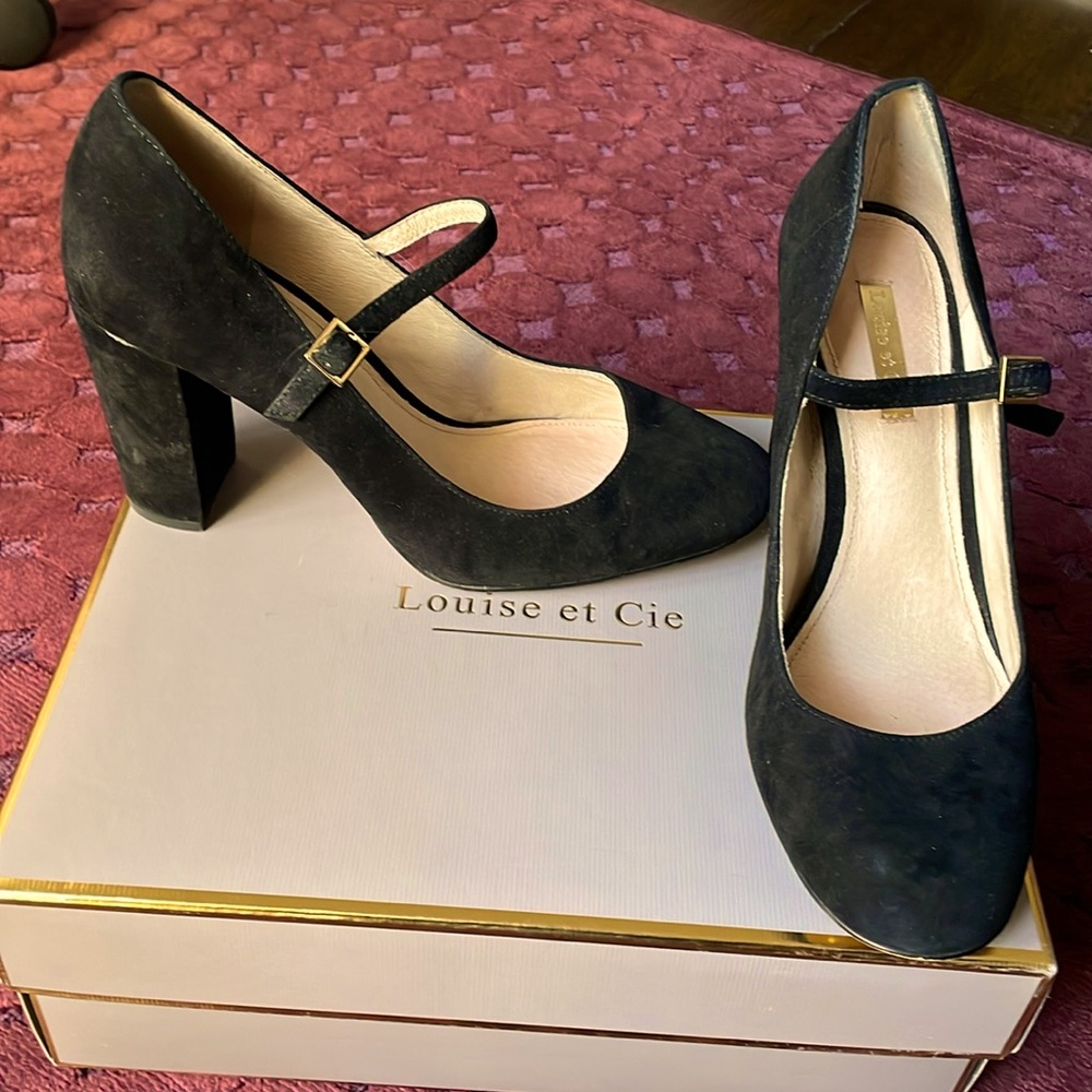 Louise text Cie black suede Mary Jane heels